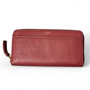 Fossil Red Leather Wallet Pebbled Zip-Around